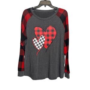 Gray long-sleeve raglan t-shirt with red & black buffalo plaid sleeves - XL